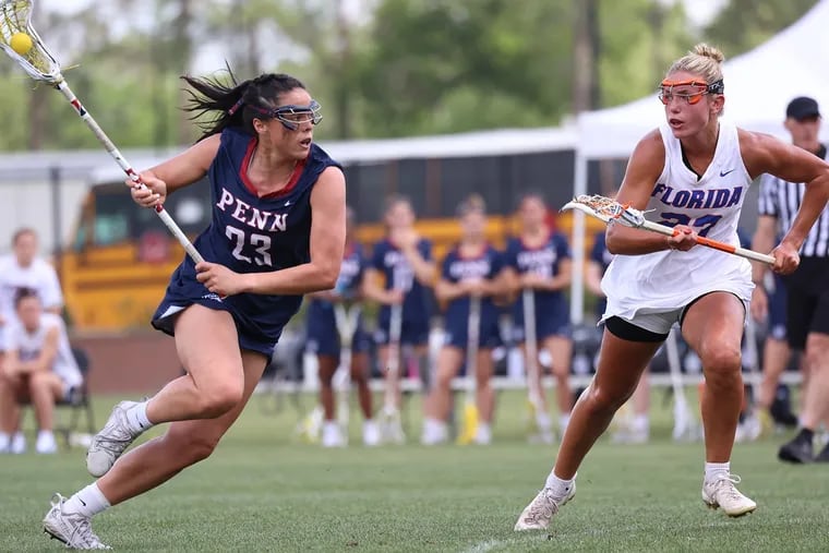 Penn attack Niki Miles (left), pictured in a game last season, scored four goals to lead the Quakers past Richmond in the first round of the 2024 NCAA women's lacrosse championships on Friday at Franklin Field.