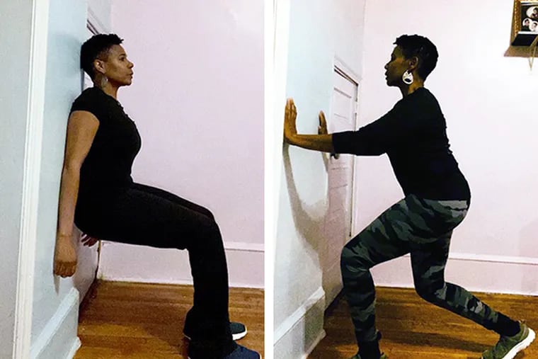 Yvonne Ferguson-Hardin demonstrates the wall sit (left) and supported lunge.