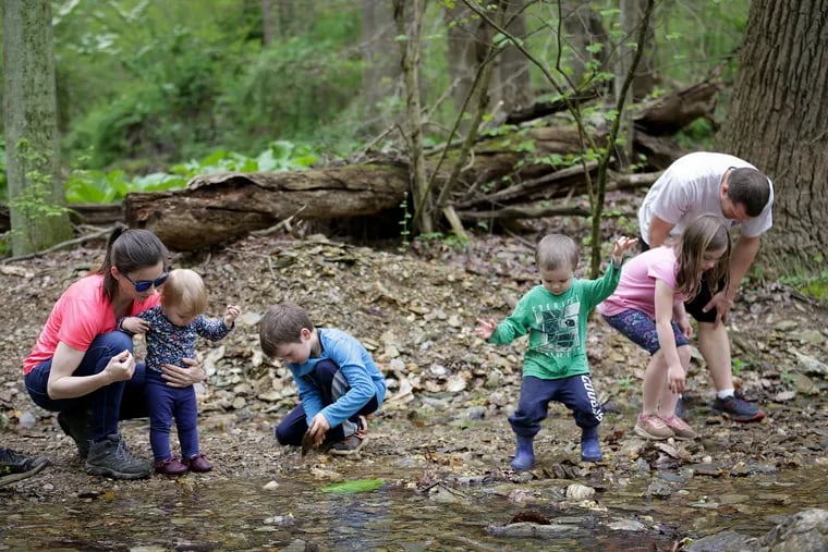Shannon, Kailee, Thomas, Colton, Adalyn, and Forrest Hansen (left to right) of Wayne explore McKaig Creek at the McKaig Nature Education Center in Upper Merion Township. The preserve has become a wildly popular refuge during the pandemic.