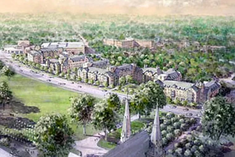 An aerial view of Villanova University’s campus along Lancaster Avenue, including designs of the proposed residence halls. (Courtesy: Villanova University)