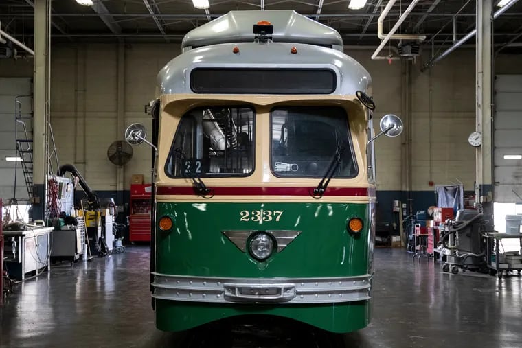 A restored 1947 trolley at the SEPTA Woodland Shop in Philadelphia, Pa. on Monday, August 29, 2022. The 18 trolleys are being rebuilt before they are put back in service.