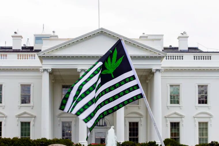 A demonstrator waved a flag with marijuana leaves depicted on it during a protest calling for the legalization of marijuana, outside of the White House on April 2, 2016.