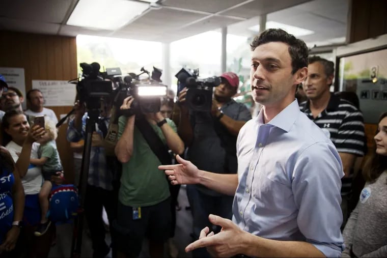 Jon Ossoff, the Democratic candidate for Georgia’s 6th Congressional District, talks to supporters Monday.