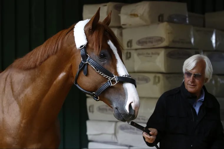 Justify walking in a barn with trainer Bob Baffert, after arriving at Pimlico Race Course in Baltimore days before the Preakness. 