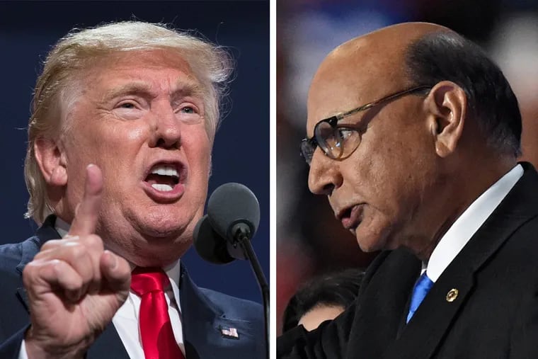 Donald Trump (left) defends comments he made that were critical of Khizr Khan and his wife, Ghazala, whose son received a Bronze Star and a Purple Heart after being killed in Iraq in 2004.