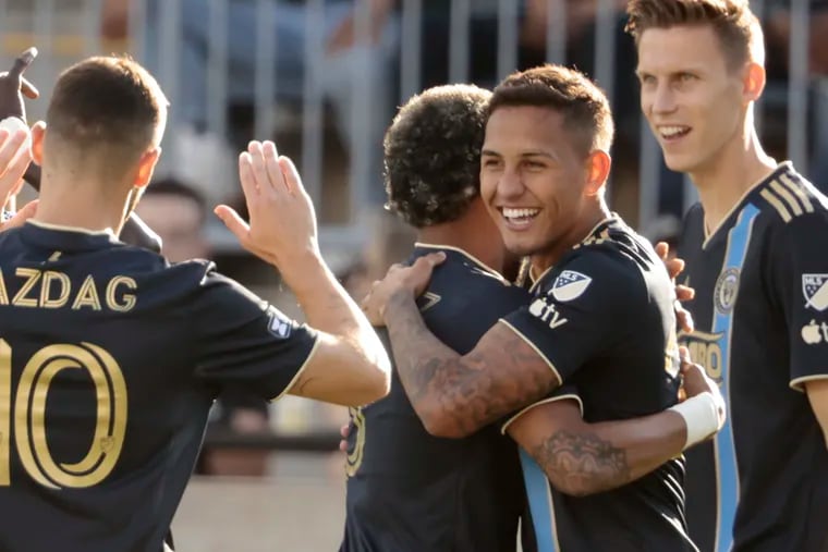Jesús Bueno (second from right) celebrates his goal in the first minute on Saturday. The Union won, 3-0.