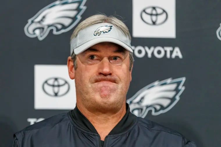After accusing the press of putting words in his mouth, Eagles head coach Doug Pederson announced on Sunday, September 2, 2018, he would not no longer answer questions about whether Carson Wentz or Nick Foles will start the fisrt game against the Falcons on Thursday night. MICHAEL BRYANT / Staff Photographer