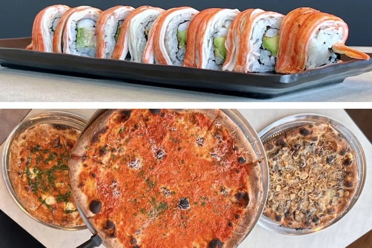 A sushi roll and assorted pizzas from Pizzeria Maki, 45 W. Baltimore Pike, Glen Mills.