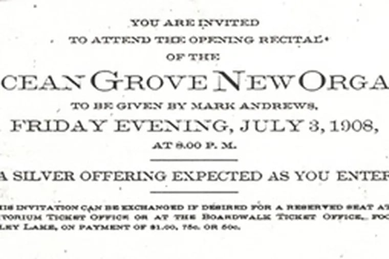 A ticket to the opening recital of the organ in Ocean Grove, N.J.