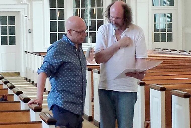 Donald Nally (left) and Toivo Tulev (right) discuss Toivo's new work A Child Said, What Is the Grass?, premiered by The Crossing this past Sunday at The Presbyterian Church of Chestnut Hill.