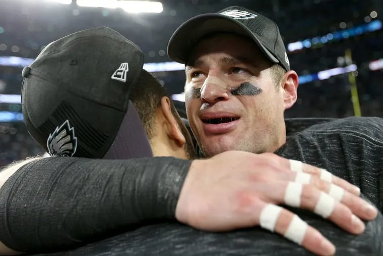 Brent Celek becomes emotional as he celebrates the Eagles’ first Super Bowl win at U.S. Bank Stadium in Minneapolis, Minnesota, Sunday, Feb. 4, 2018.