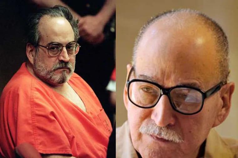 Left: Len Jenoff sits in at the Camden County Justice Center in Camden, N.J., on Tuesday, May 2, 2000, during his arraignment for his involvement in the 1994 murder of Carol Neulander, wife of Rabbi Fred J. Neulander, of Cherry Hill. (File Photo: Alejandro A. Alvarez / Staff Photographer) Right: Len Jenoff talks to reporter Craig McCoy inside Bayside State Prison February 6, 2012. (File Photo: Tom Gralish / Staff Photographer)