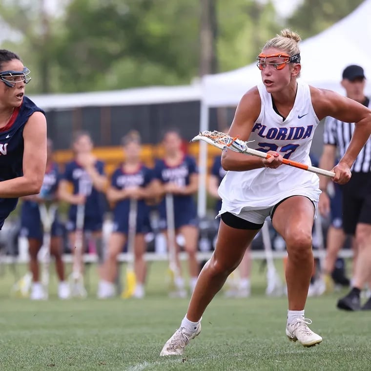 Penn attack Niki Miles (left), pictured in a game last season, scored four goals to lead the Quakers past Richmond in the first round of the 2024 NCAA women's lacrosse championships on Friday at Franklin Field.