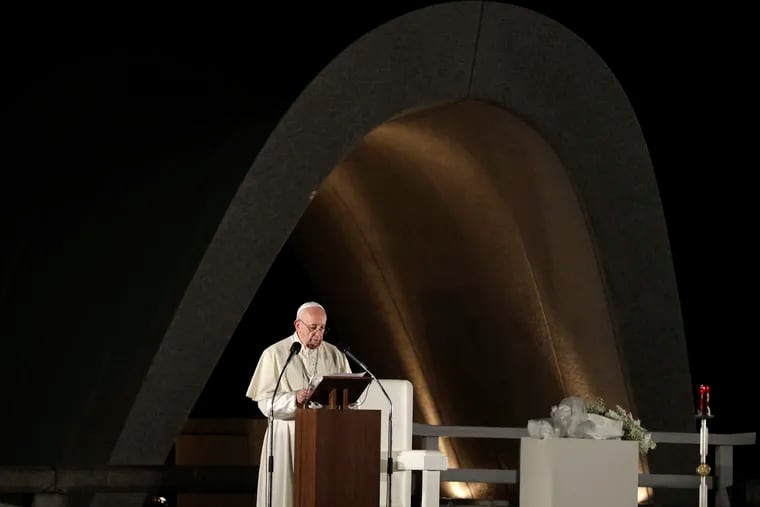 Pope Francis delivers a speech in front of the Memorial Cenotaph during a meeting at Hiroshima Peace Memorial Park in Hiroshima, western Japan, Sunday, Nov. 24, 2019. (AP Photo/Gregorio Borgia)