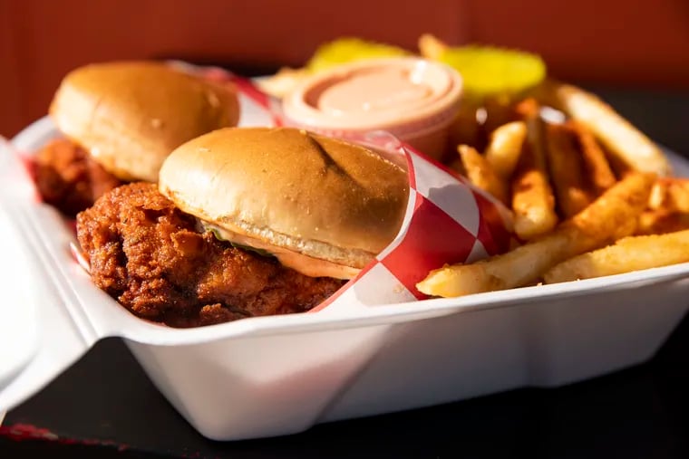 Find Nashville hot chicken sandwiches with fries at Asad’s Hot Chicken at the Philly Gas station off Roosevelt Blvd.