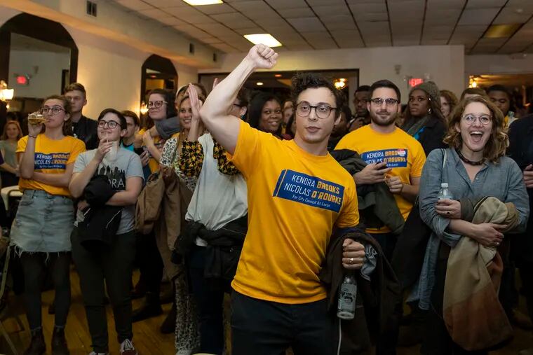 People cheer and dance while they await results at an election results watch party for Working Families Party candidates Kendra Brooks and Nicolas O'Rourke in North Philadelphia on Tuesday, Nov. 05, 2019.