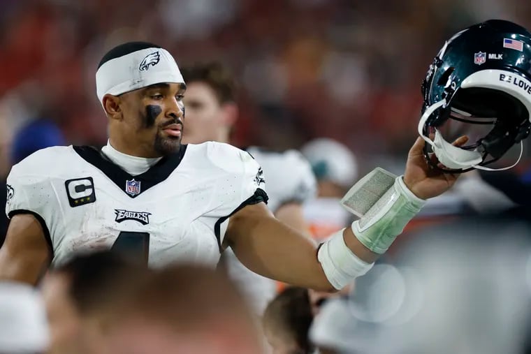 Eagles quarterback Jalen Hurts in third quarter after getting sacked for a safety against the Tampa Bay Buccaneers.