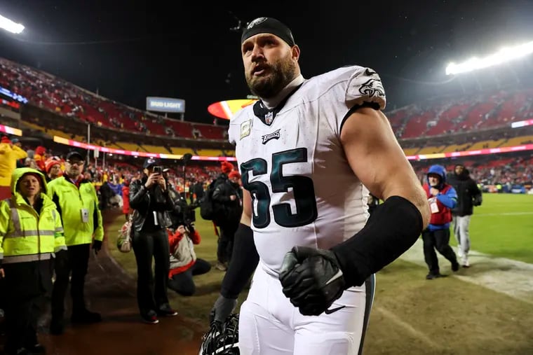 Philadelphia Eagles offensive tackle Lane Johnson leaves the field after winning the game at Arrowhead Stadium in Kansas City, Mo. on Monday, Nov. 20, 2023. .