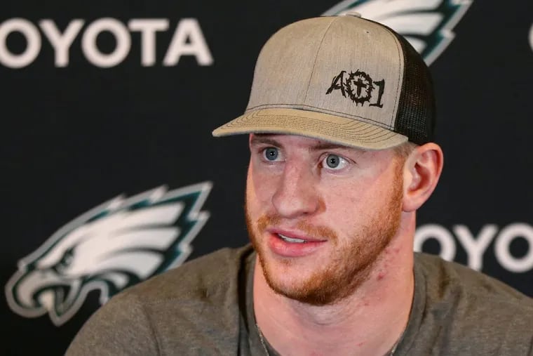 Eagles quarterback Carson Wentz speaks during a news conference at the NovaCare Complex in South Philadelphia on Tuesday.