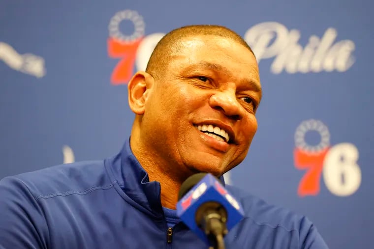 Sixers Head Coach Doc Rivers smiles while meeting with the media before the Sixers play the Oklahoma City Thunder on Friday, February 11, 2022 in Philadelphia.