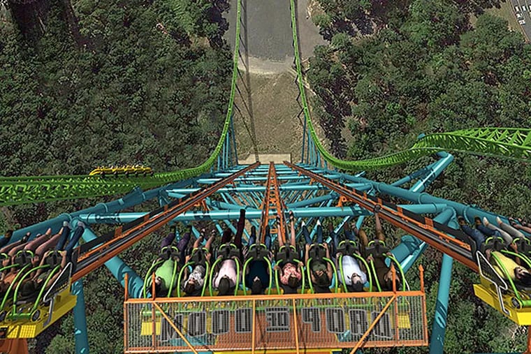 A rendering of the world’s tallest drop ride, Zumanjaro: Drop of Doom, slated to open Memorial Day weekend at Six Flags Great Adventure. The Kingda Ka roller coaster winds around the drop ride.
