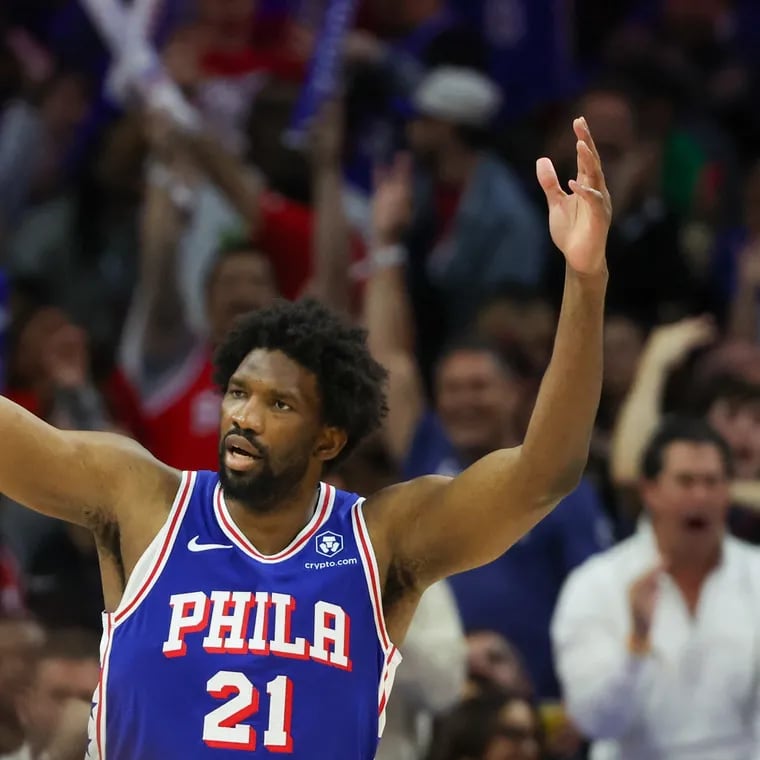 Sixers Joel Embiid celebrates a three-pointer in the fourth quarter in Game 3 of the first-round playoff series at the Wells Fargo Center on Thursday, April 25, 2024, in Philadelphia.