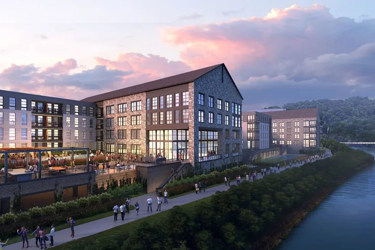 Artist's rendering of 280-unit apartment building planned in Conshohocken by a unit of developer Trammell Crow Co., as seen from the Schuylkill.
