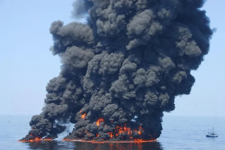 The BP Deepwater Horizon explosion and fire happened in April 2010, killing 11 workers and leaking 4.9 million gallons of oil. The leak  wasn’t sealed until September 2010. This photo, taken in June 2010, shows a controlled burn of Deepwater’s oil.