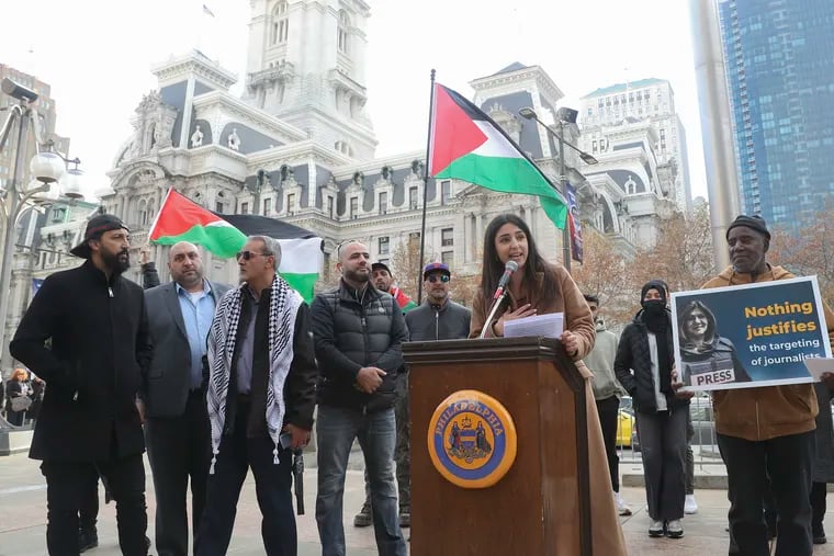Jude Husein (center) speaks during the second annual International Day of Solidarity with the Palestinian People in Philadelphia, which took place in front of the Municipal Services Building, in 2022.