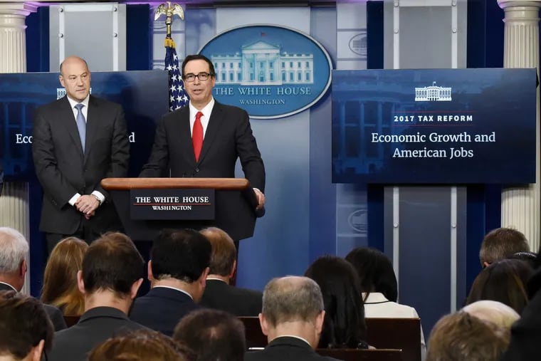 Treasury Secretary Steven Mnuchin, right, and Director of the National Economic Council Gary Cohn discuss the goals and feasibility of President Trump&#039;s tax reform plan.