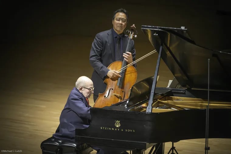 Cellist Yo-Yo Ma with pianist George Horner in a performance of songs by Karel Svenk which Horner had performed as a prisoner in Terezin.