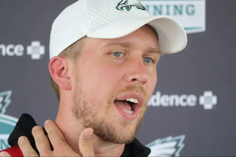 Eagles' Nick Foles talks about why he is sitting out during Eagles training camp at the NovaCare complex in Philadelphia, PA on August 7, 2018. DAVID MAIALETTI / Staff Photographer