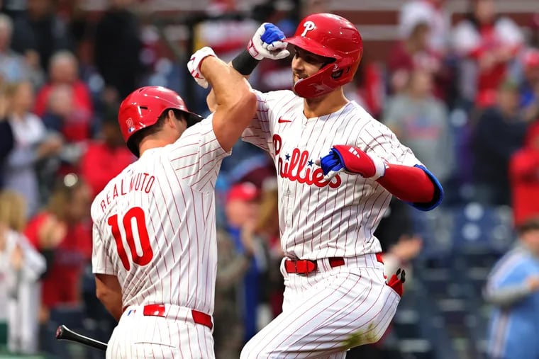 Trea Turner (right), J.T. Realmuto, and the Phillies are rolling to start the season, with a 21-11 record heading into Friday.