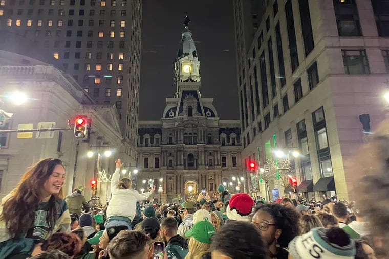 Fans fill South Broad Street after the Eagles defeated the 49ers in the NFC Championship, Sunday, Jan. 29, 2023, to advance to the Super Bowl.