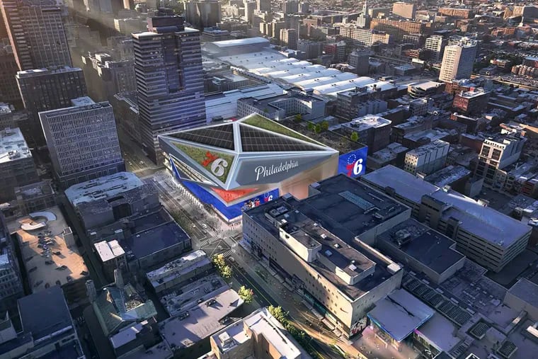 A conceptual illustration of the Sixers plan for a new arena in Center City.