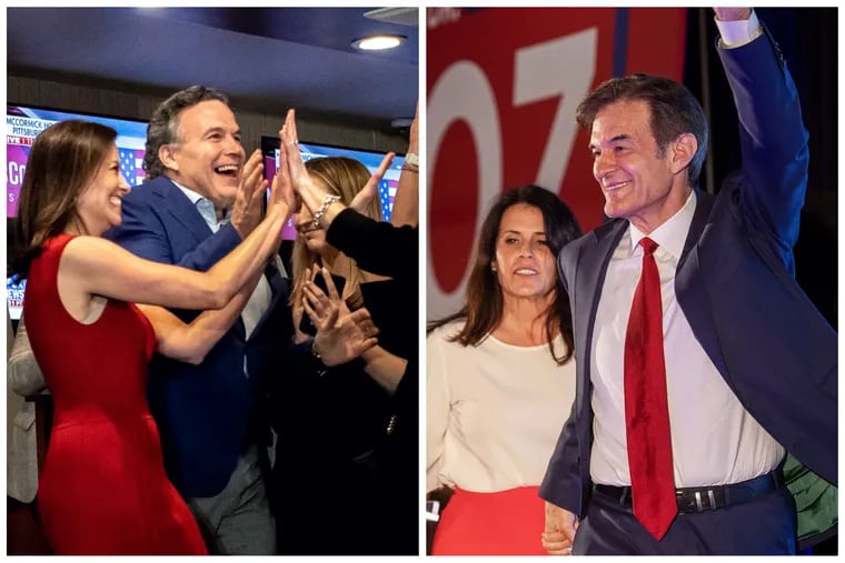 Republican U.S. Senate candidate David McCormick and his wife, Dina Powell, greet supporters at his election night event in Pittsburgh (left), while GOP rival Mehmet Oz and his wife, Lisa, wave to their supporters during a watch party in Newtown.