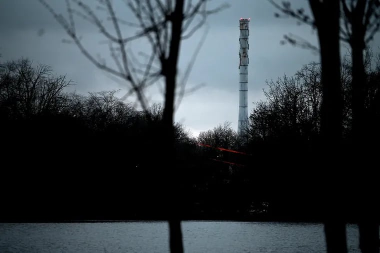 A smokestack at the Trinseo Altuglas facility where three chemicals spilled into a Delaware River tributary on March 24 in Bristol.