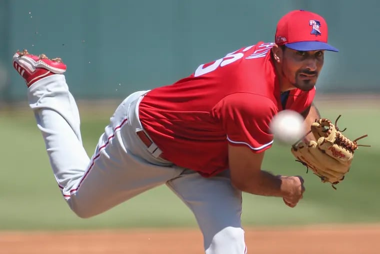 Phillies' pitcher Zach Eflin throws against the Tigers during the 1st inning at Publix Field at Joker Marchant Stadium in Lakeland, Florida, Wednesday, March 3, 2021 Phillies beat the Tigers 4-2.
