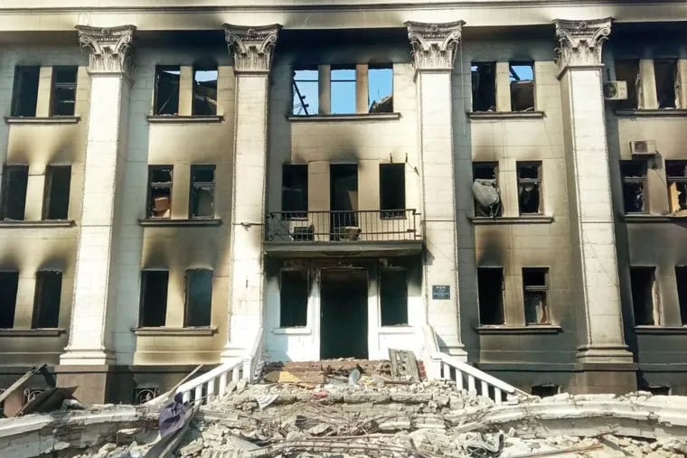 This image made available by Azov Battalion shows the drama theater, damaged after shelling, in Mariupol, Ukraine, Thursday, March 17, 2022. Rescuers are searching for survivors in the ruins of a theater ripped apart by Russian airstrikes in the besieged city of Mariupol, while ferocious Russian bombardment killed dozens in a northern city over the past day, according to the local governor.