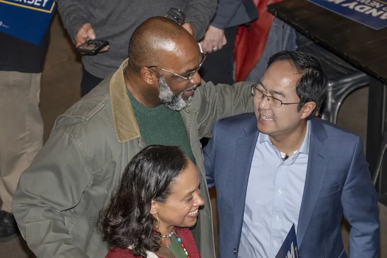 U.S. Rep. Andy Kim (right) with supporters at Double Nickel Brewing Company in Pennsauken, N.J., on Friday, where he officially kicked off his U.S. Senate campaign. Kim (D., Burlington) is running to replace scandal-plagued Sen. Bob Menendez.