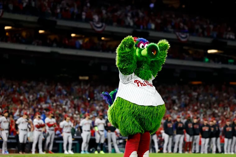 The Phillie Phanatic acknowledging the crowd at Game 1 of the 2023 National League Championship Series between the Arizona Diamondbacks and the Philadelphia Phillies at Citizens Bank Park in Philadelphia.