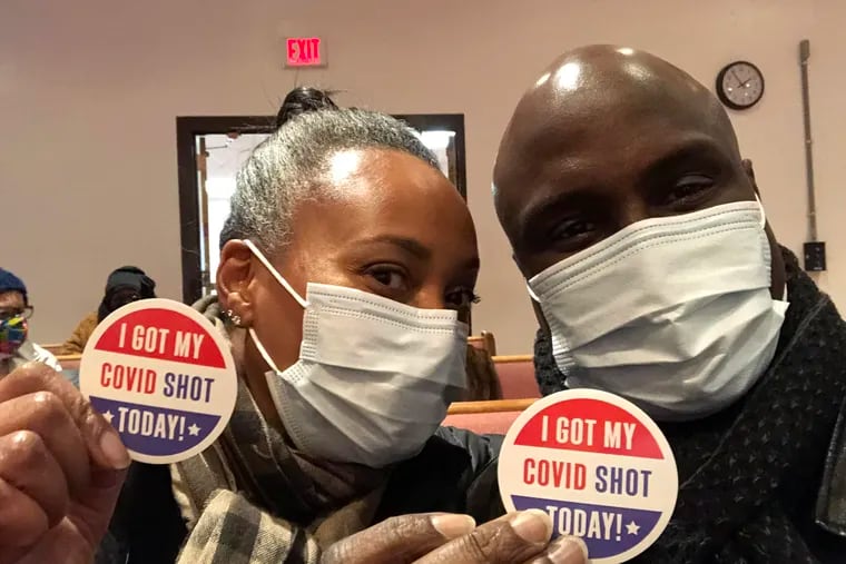 Solomon Jones with his wife LaVeta after receiving their first COVID vaccine shots on Jan. 17, 2021.
