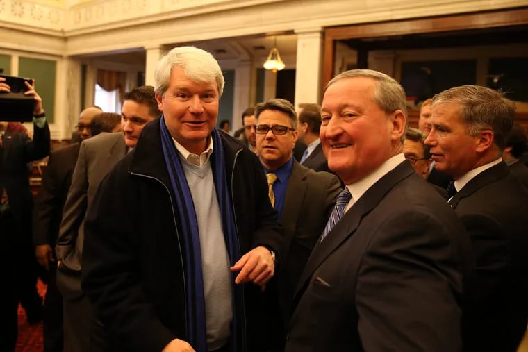 Mayor Kenney (right) and Electricians union leader John Dougherty, here at a previous meeting, conferred with soda industry leaders. Dougherty is not directly involved in this issue but served as an intermediary.