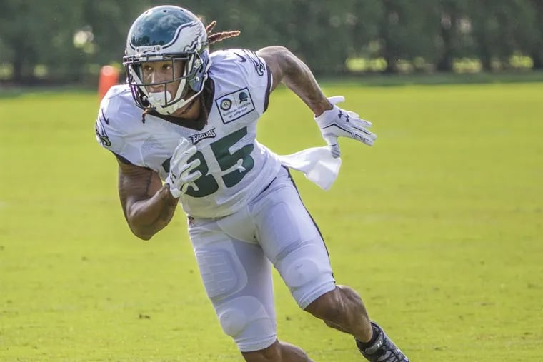 Eagle defensive back #35, Ronald Darby runs through a defensive drill on Sunday at practice. The Philadelphia Eagles practice on Sunday with their new cornerback #35, Ronald Darby, who they got in a trade from Buffalo.