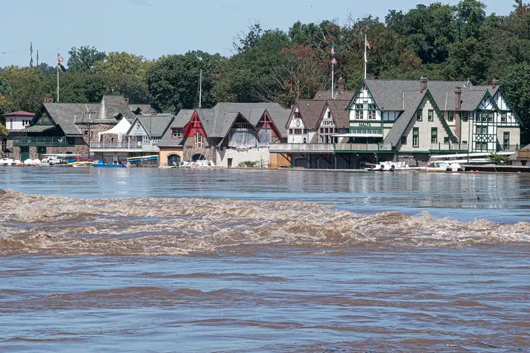 Boathouse Row is shown on Sept. 2, 2021, a day after Ida's heavy rains swelled rivers along the Schuylkill.