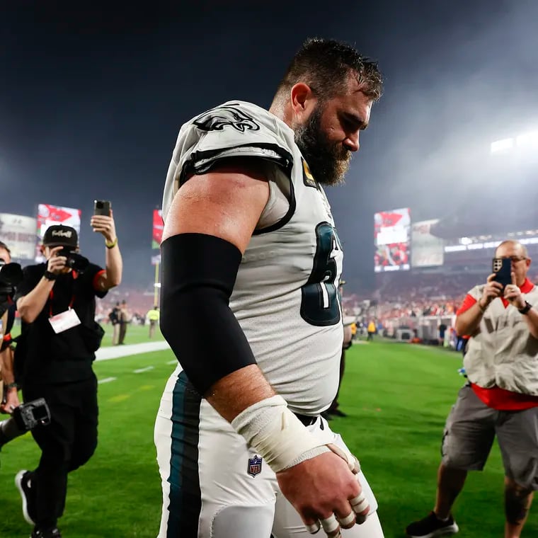 Eagles center Jason Kelce walks off the field after the Eagles lost to the Tampa Bay Buccaneers in the NFC Wild Card playoff game at Raymond James Stadium in Tampa, Florida on Monday, January 15, 2024.