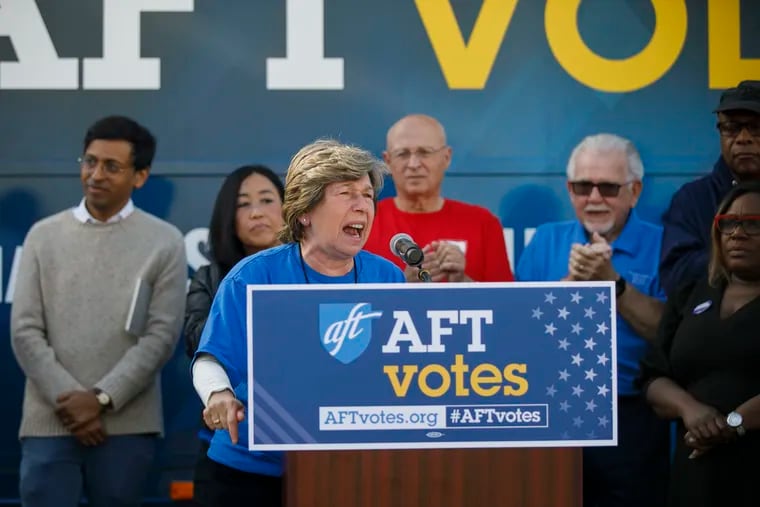 American Federation of Teachers president Randi Weingarten introduces Pennsylvania attorney general and gubernatorial candidate Josh Shapiro during a political rally in South Philadelphia on Saturday. The AFT hosted a get-out-the-vote rally in support of Shapiro and John Fetterman, the Democratic U.S. Senate candidate, ahead of Tuesday's elections.