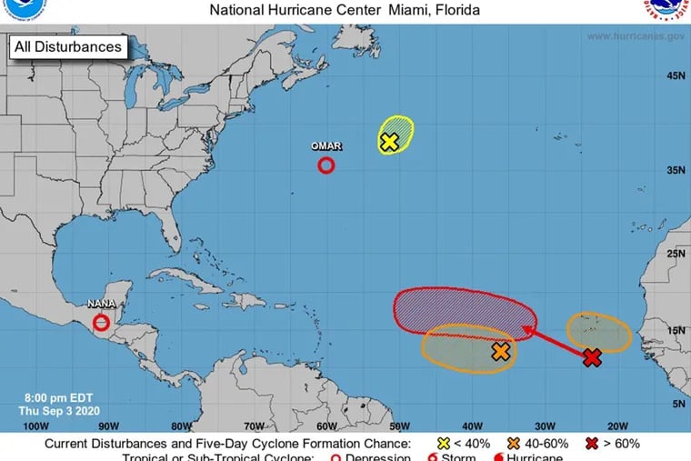 Five-day tropical outlook on the evening of Thursday, Sept. 3, 2020. The 2020 hurricane season is notable for the number of storms that developed in the mid-latitudes right off the U.S. coast. And it may become more frequent as climate change alters hurricane behavior, according to a new study.
