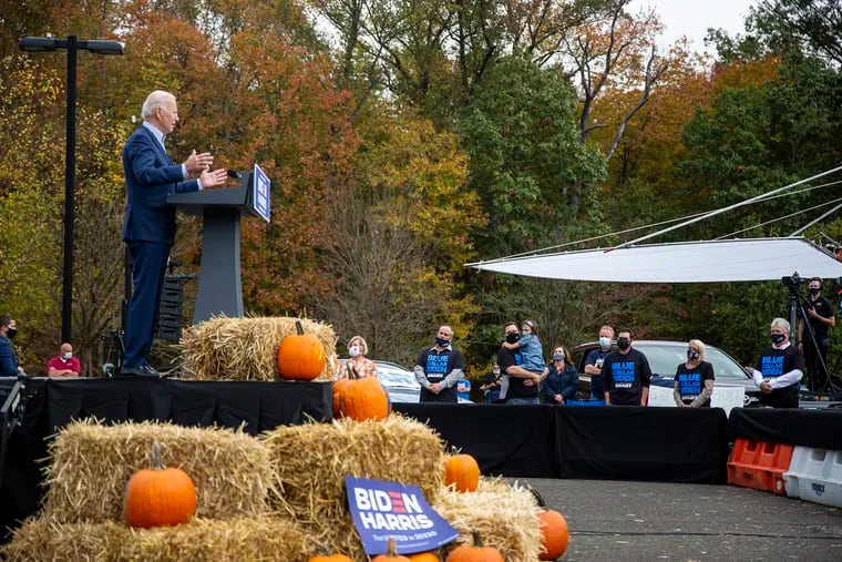 Democratic presidential nominee Joe Biden during a drive-in rally on Oct. 24 at Bucks County Community College in Bristol, Pa.