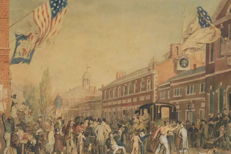 An 1816 print of John Krimmel's "Election Day at the State House."